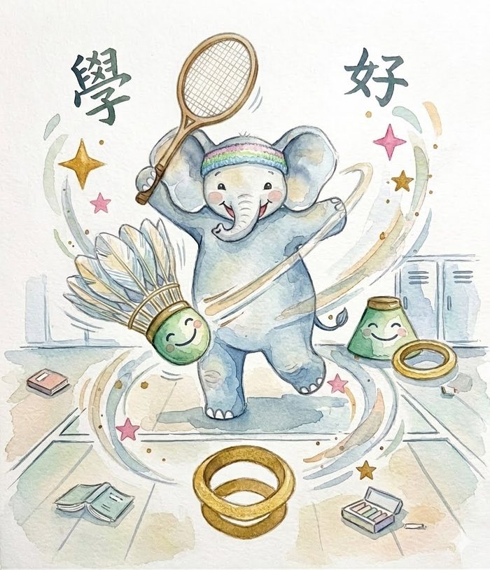 Spoinger the elephant playing badminton with a smiling shuttlecock, watercolor illustration with the Chinese characters xue and hao