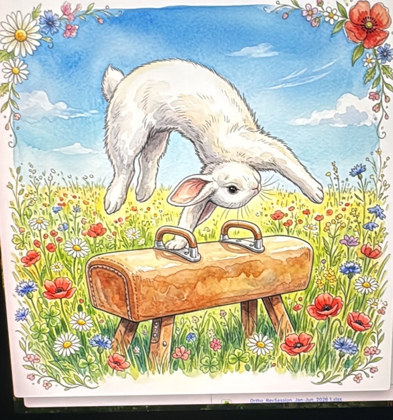 Rosie the white rabbit doing a handstand on a pommel horse in a flower meadow, watercolor illustration