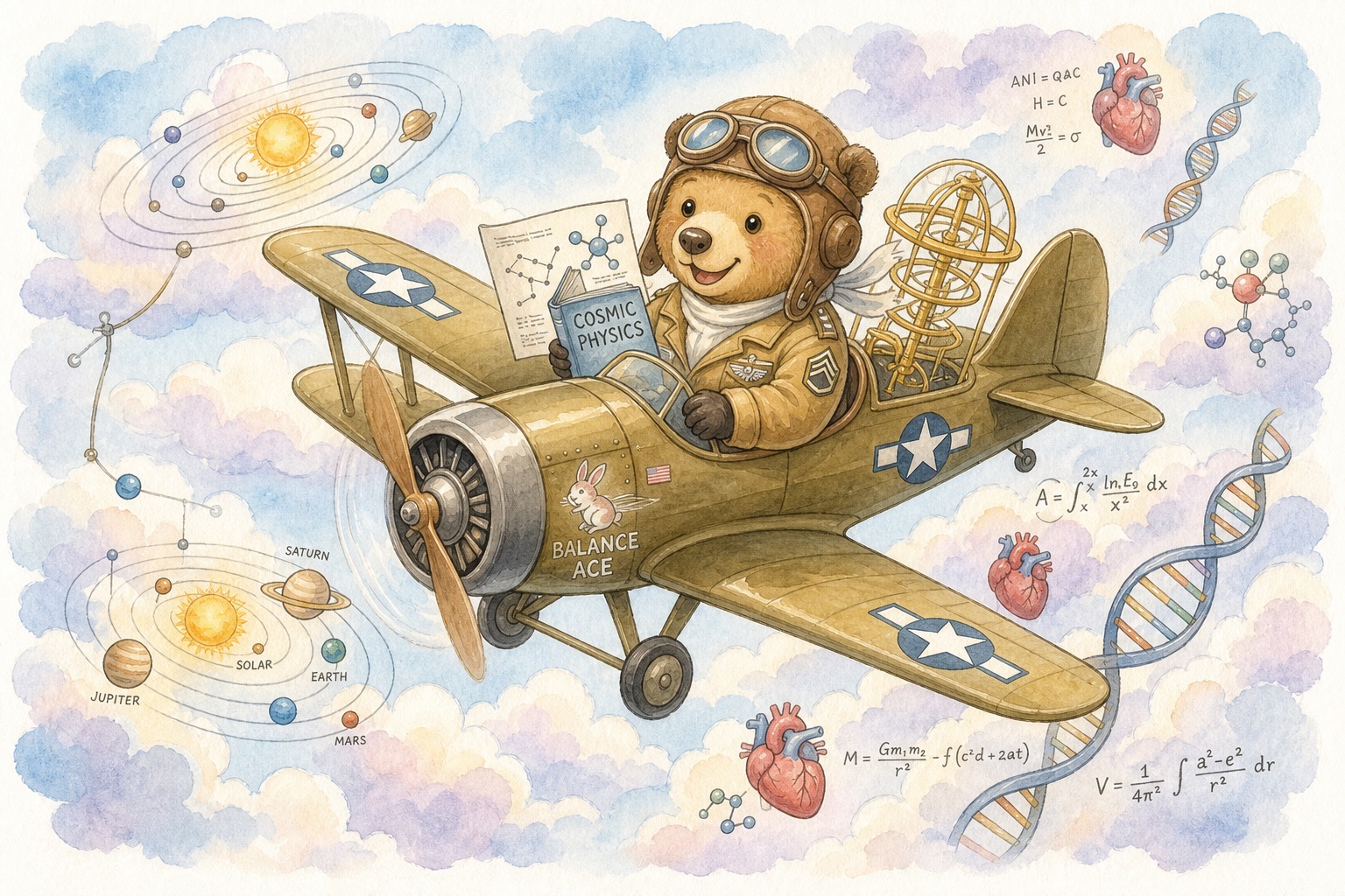 Butebear the pilot, watercolor illustration flying a biplane through clouds of science diagrams