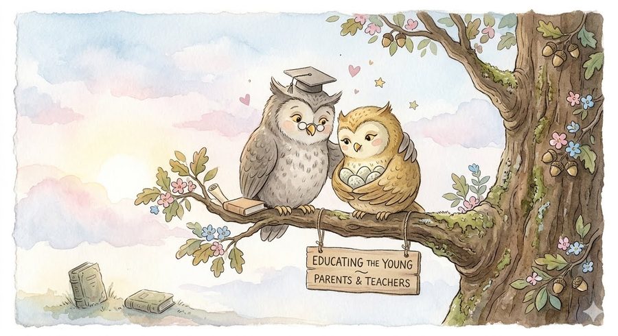 Ollie and Owlet, watercolor illustration of two owls on a branch with a sign reading Educating the Young, Parents and Teachers